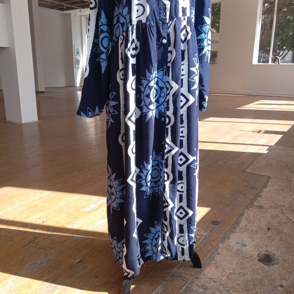 Blue and white geometric/ Western / ethnic printed long maxi button down dress - Picture 6 of 8